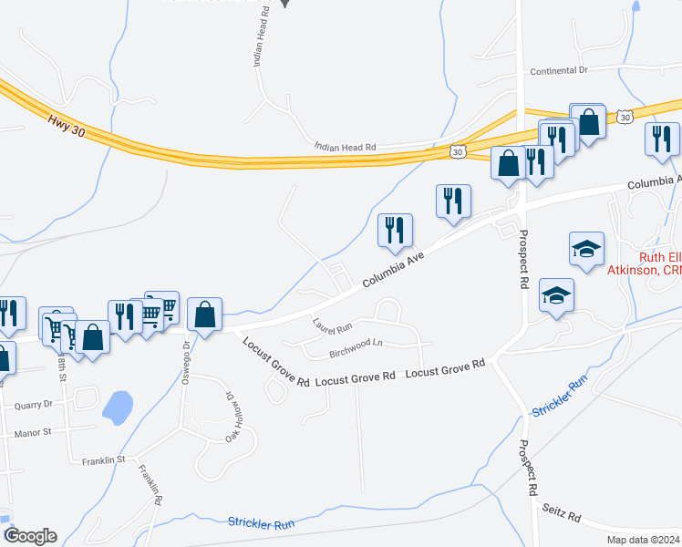 map of restaurants, bars, coffee shops, grocery stores, and more near 4047 Columbia Avenue in Columbia