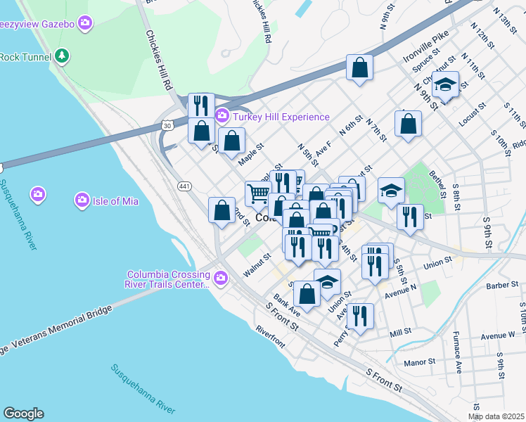map of restaurants, bars, coffee shops, grocery stores, and more near 219 North 2nd Street in Columbia