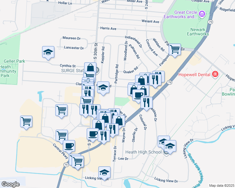 map of restaurants, bars, coffee shops, grocery stores, and more near 112 Partridge Court in Heath