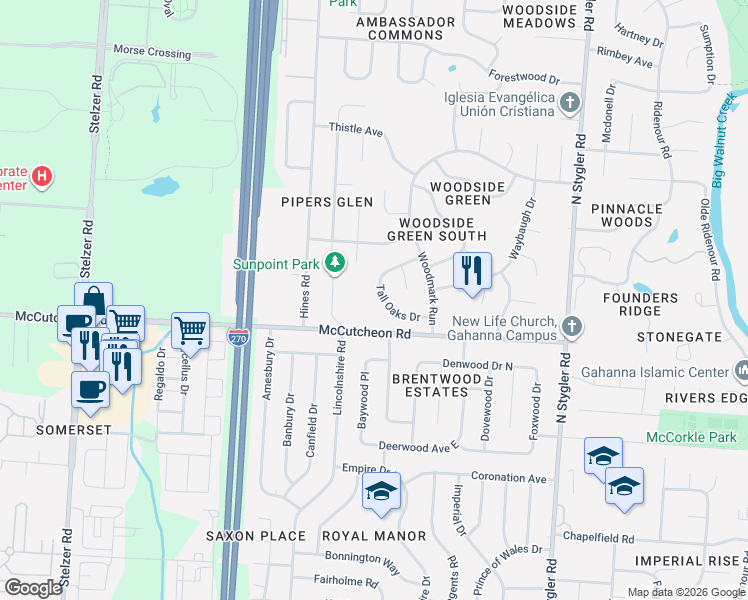 map of restaurants, bars, coffee shops, grocery stores, and more near 3636 McCutcheon Road in Columbus