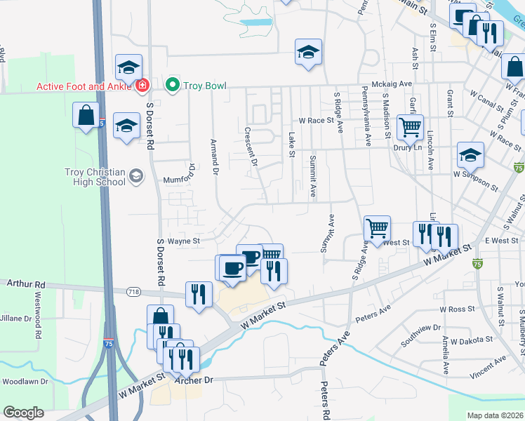 map of restaurants, bars, coffee shops, grocery stores, and more near 1306 Paul Revere Way in Troy