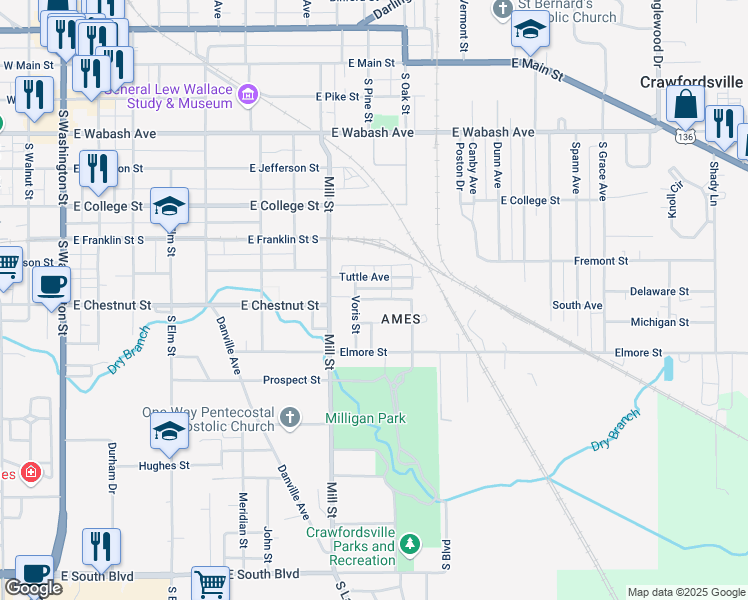 map of restaurants, bars, coffee shops, grocery stores, and more near 1014 Chapel Avenue in Crawfordsville