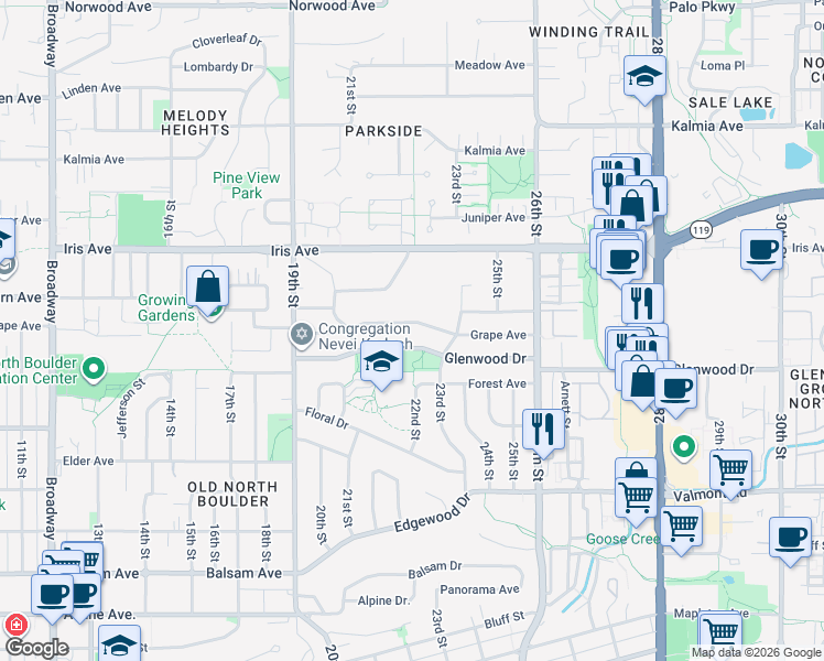 map of restaurants, bars, coffee shops, grocery stores, and more near 2090 Grape Avenue in Boulder