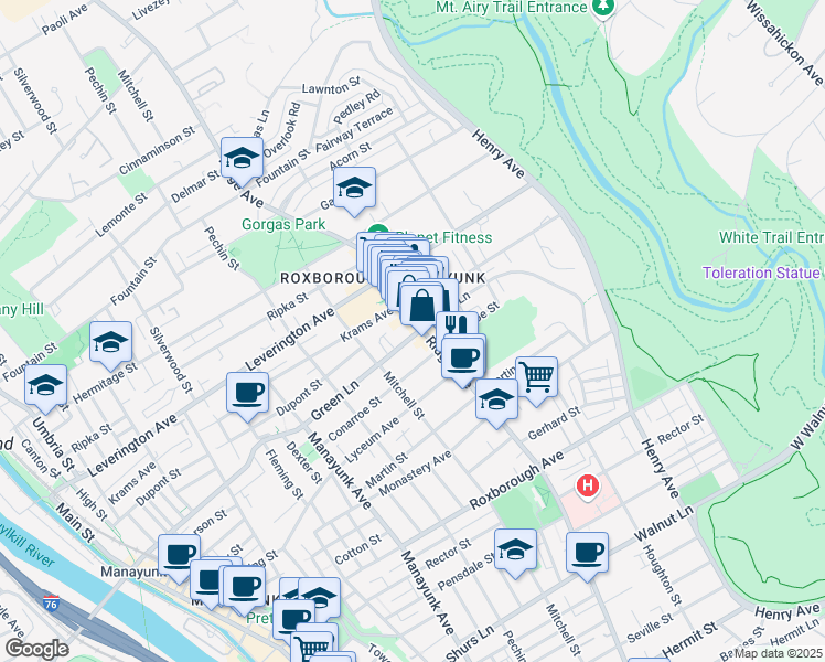 map of restaurants, bars, coffee shops, grocery stores, and more near 475 Green Lane in Philadelphia