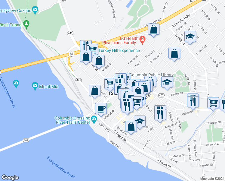 map of restaurants, bars, coffee shops, grocery stores, and more near 214 North 3rd Street in Columbia