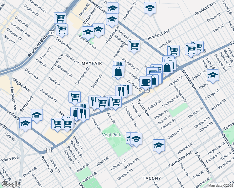 map of restaurants, bars, coffee shops, grocery stores, and more near 3351 Longshore Avenue in Philadelphia