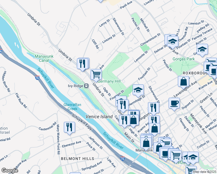 map of restaurants, bars, coffee shops, grocery stores, and more near 4860 Smick Street in Philadelphia