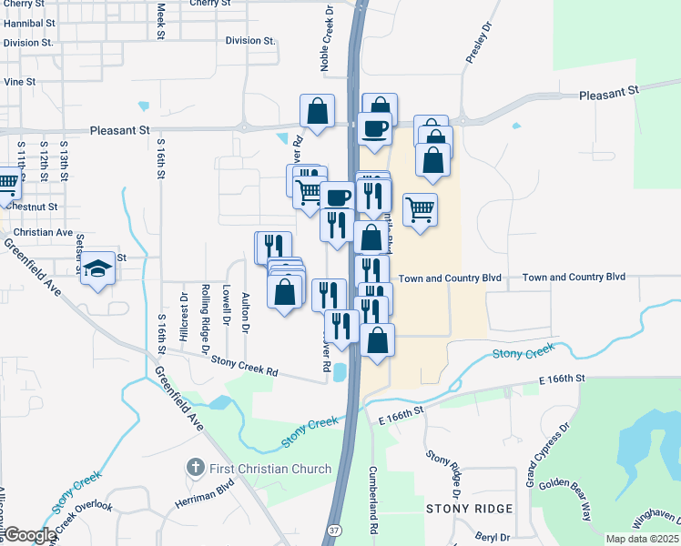 map of restaurants, bars, coffee shops, grocery stores, and more near 16864 Clover Road in Noblesville