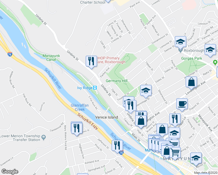 map of restaurants, bars, coffee shops, grocery stores, and more near 4874 Ogle Street in Philadelphia