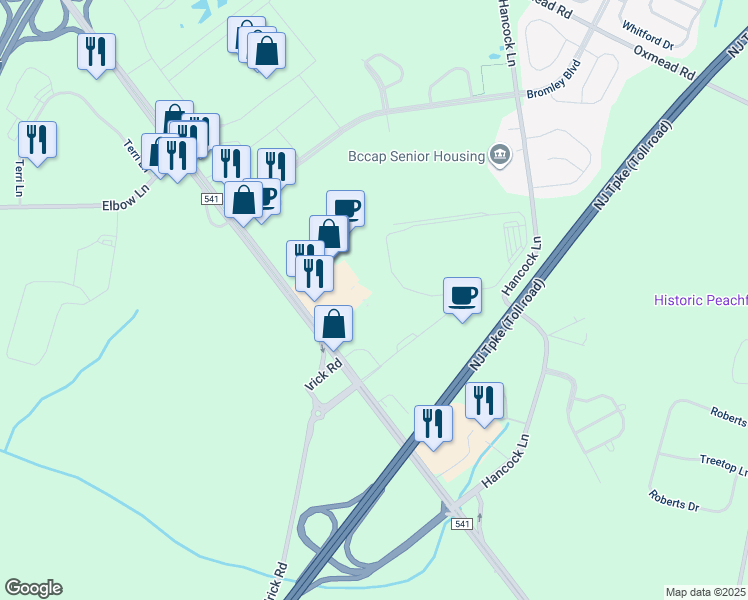 map of restaurants, bars, coffee shops, grocery stores, and more near 2703 Burlington - Mount Holly Road in Westampton Township