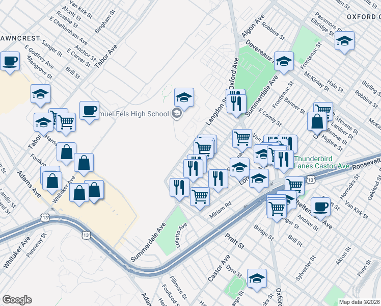 map of restaurants, bars, coffee shops, grocery stores, and more near 877 Brill Street in Philadelphia