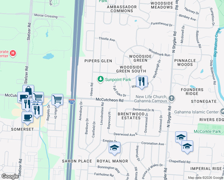 map of restaurants, bars, coffee shops, grocery stores, and more near 3636 McCutcheon Road in Columbus