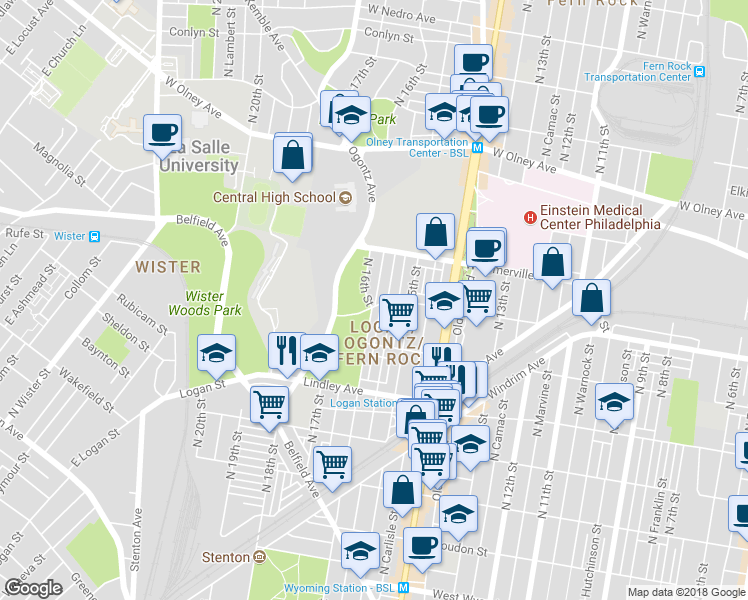 map of restaurants, bars, coffee shops, grocery stores, and more near 5301 North 16th Street in Philadelphia
