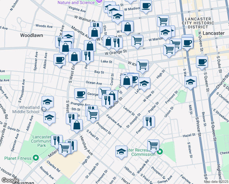 map of restaurants, bars, coffee shops, grocery stores, and more near 540 3rd Street in Lancaster