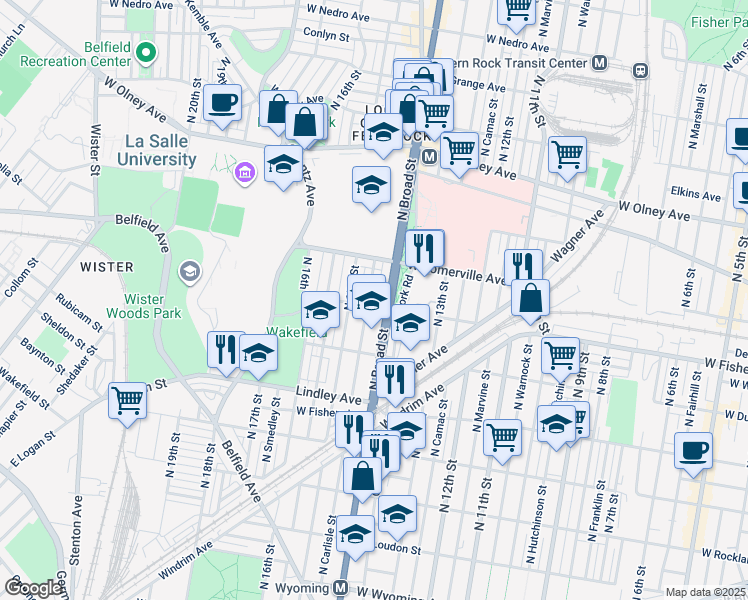 map of restaurants, bars, coffee shops, grocery stores, and more near 1417 West Fisher Avenue in Philadelphia