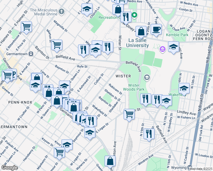 map of restaurants, bars, coffee shops, grocery stores, and more near 358 East Wister Street in Philadelphia