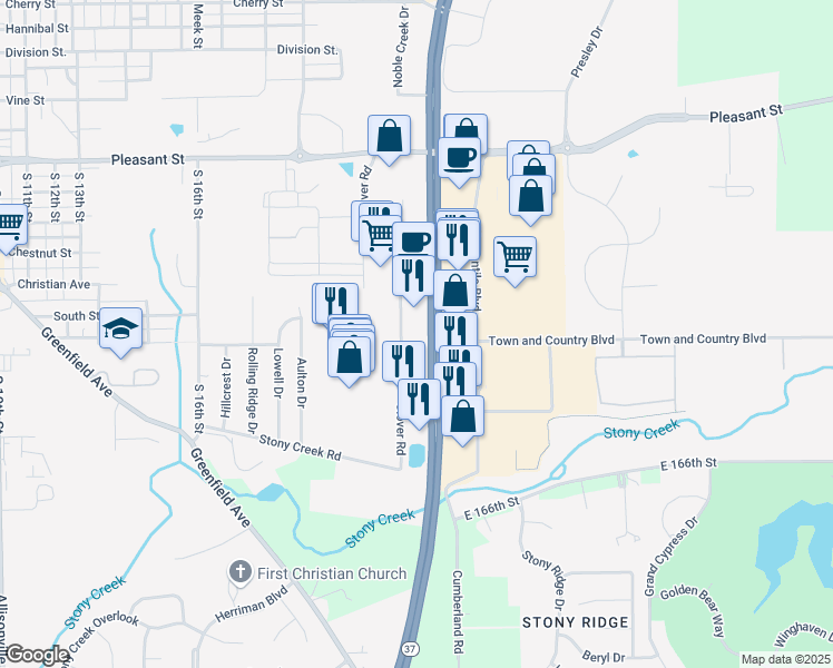 map of restaurants, bars, coffee shops, grocery stores, and more near 16864 Clover Road in Noblesville