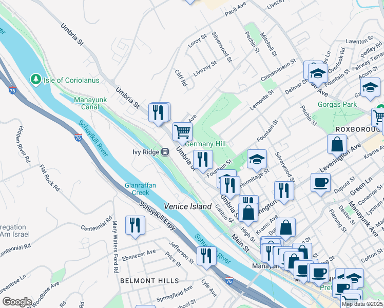 map of restaurants, bars, coffee shops, grocery stores, and more near 4874 Ogle Street in Philadelphia