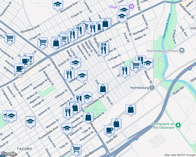 map of restaurants, bars, coffee shops, grocery stores, and more near 4510 Shelmire Avenue in Philadelphia