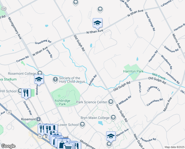 map of restaurants, bars, coffee shops, grocery stores, and more near 326 Airdale Road in Bryn Mawr