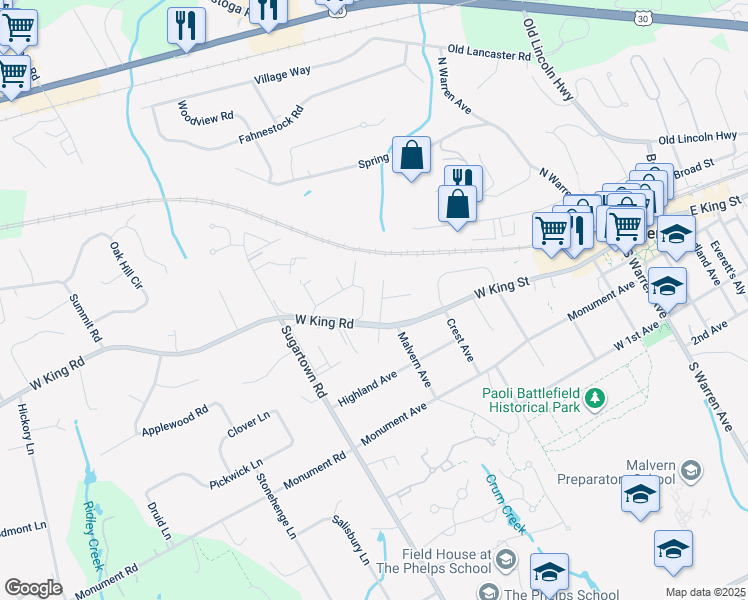 map of restaurants, bars, coffee shops, grocery stores, and more near 107 Crestside Way in Malvern