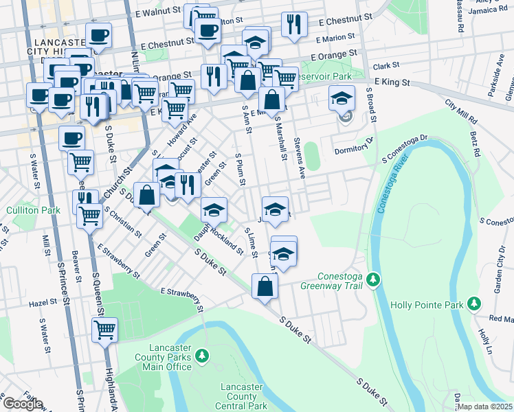 map of restaurants, bars, coffee shops, grocery stores, and more near 338 South Ann Street in Lancaster