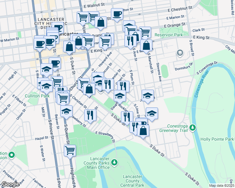 map of restaurants, bars, coffee shops, grocery stores, and more near 546 South Lime Street in Lancaster