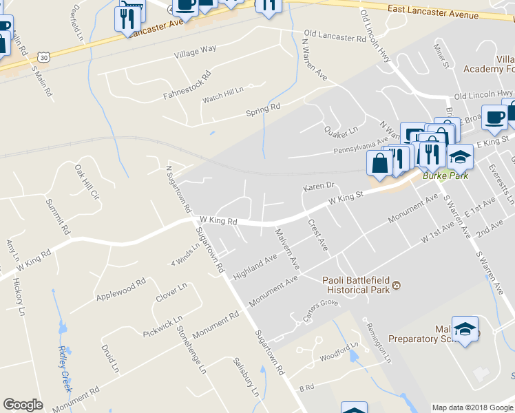map of restaurants, bars, coffee shops, grocery stores, and more near 107 Crestside Way in Malvern