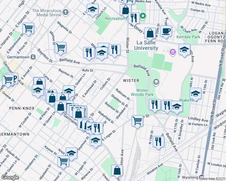 map of restaurants, bars, coffee shops, grocery stores, and more near 358 East Wister Street in Philadelphia