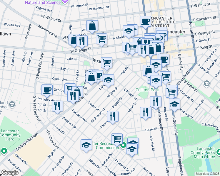 map of restaurants, bars, coffee shops, grocery stores, and more near 544 High Street in Lancaster