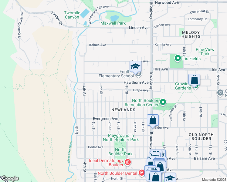 map of restaurants, bars, coffee shops, grocery stores, and more near 3254 7th Street in Boulder