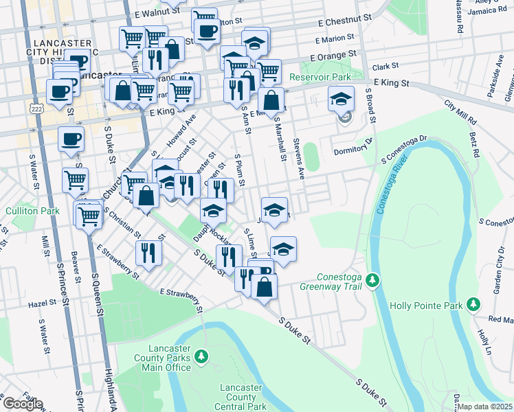 map of restaurants, bars, coffee shops, grocery stores, and more near 338 South Ann Street in Lancaster
