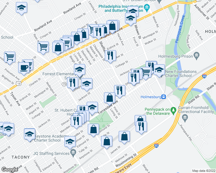map of restaurants, bars, coffee shops, grocery stores, and more near 4523 Shelmire Avenue in Philadelphia