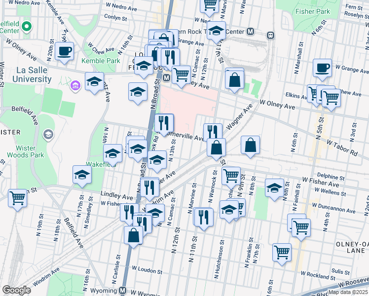 map of restaurants, bars, coffee shops, grocery stores, and more near 5319 North Camac Street in Philadelphia