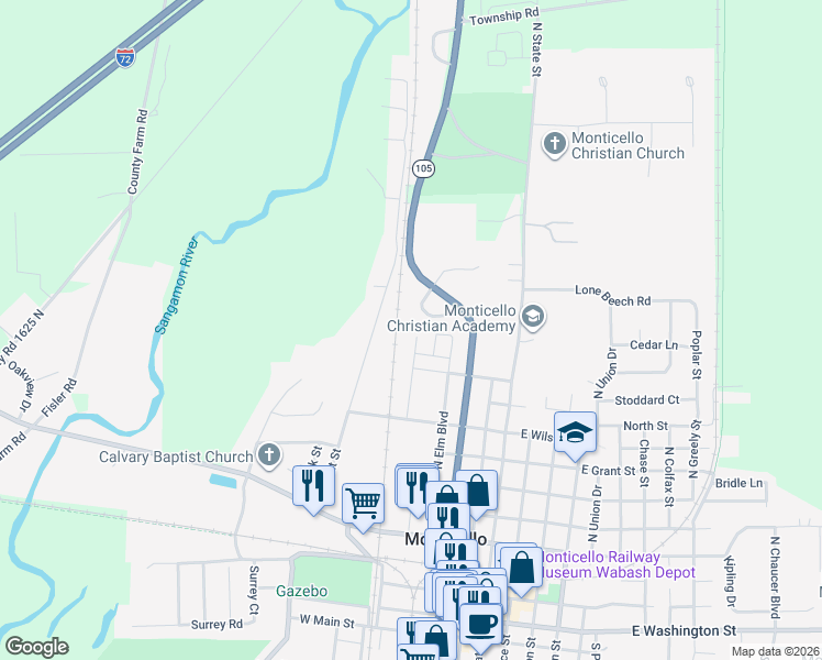map of restaurants, bars, coffee shops, grocery stores, and more near 1030 North Walnut Street in Monticello