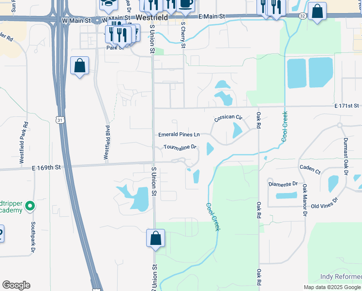 map of restaurants, bars, coffee shops, grocery stores, and more near 1904 Tourmaline Drive in Westfield