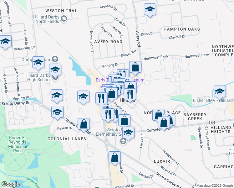 map of restaurants, bars, coffee shops, grocery stores, and more near 5344 Center Street in Hilliard
