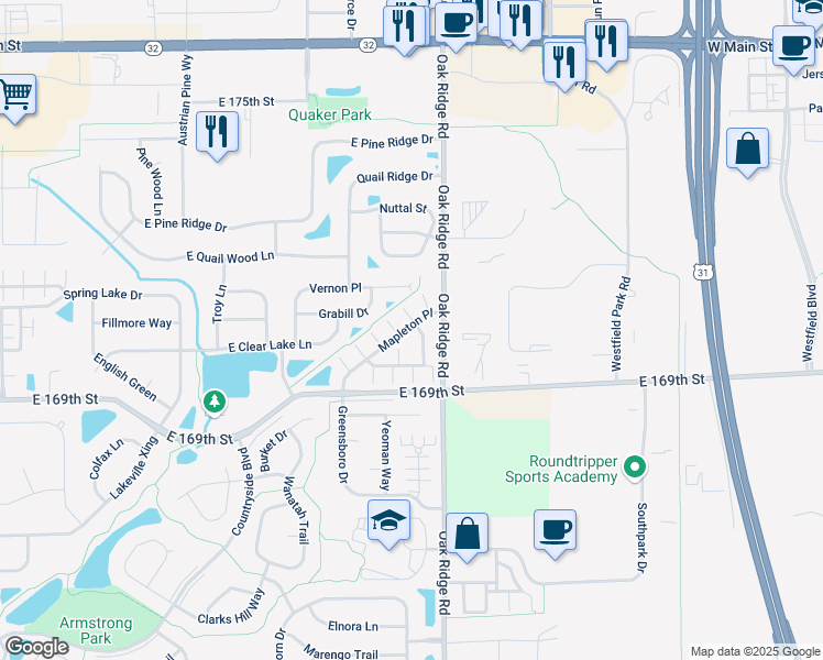 map of restaurants, bars, coffee shops, grocery stores, and more near 525 Carroll Drive in Westfield