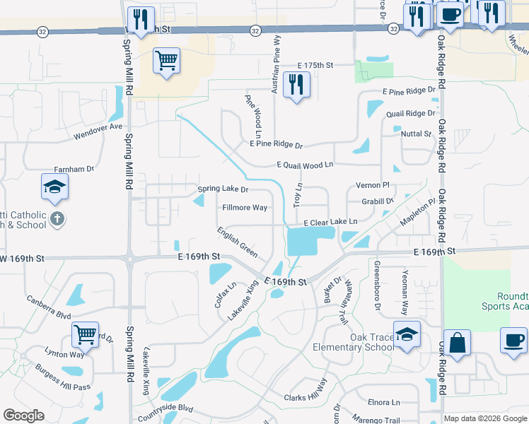 map of restaurants, bars, coffee shops, grocery stores, and more near 17 Fillmore Way in Westfield