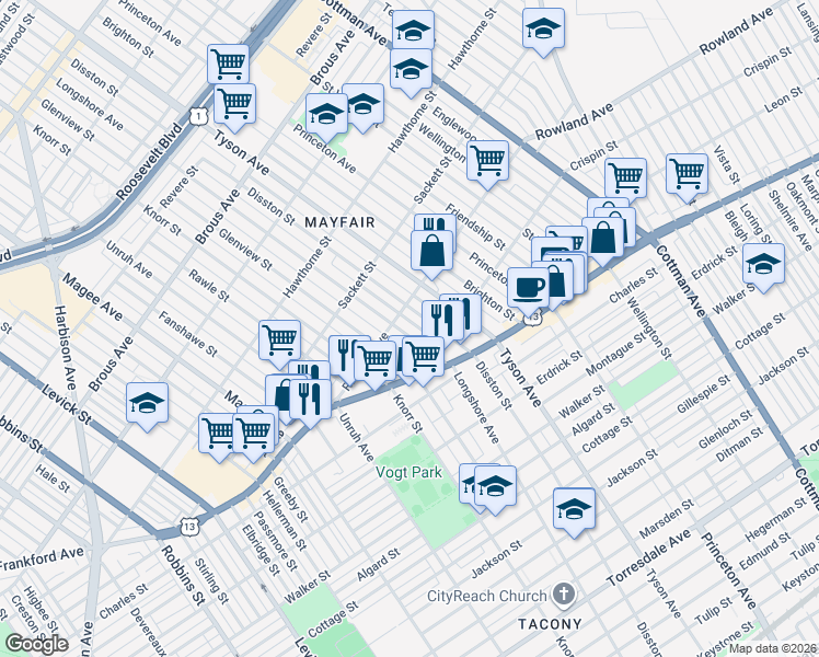 map of restaurants, bars, coffee shops, grocery stores, and more near 3351 Longshore Avenue in Philadelphia