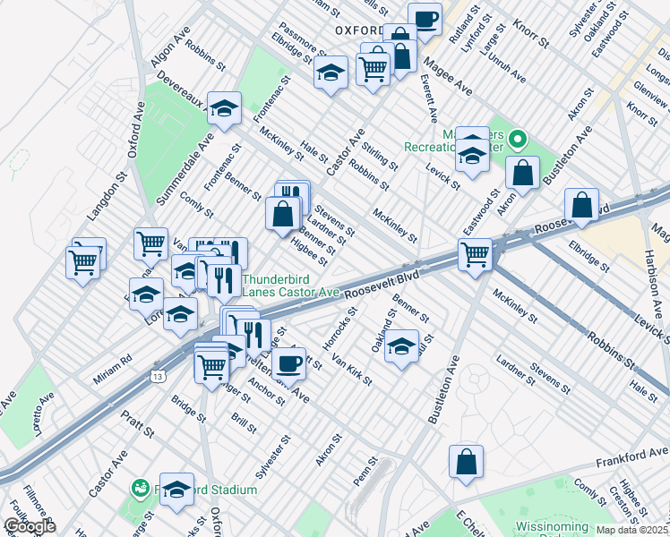 map of restaurants, bars, coffee shops, grocery stores, and more near 6039 Large Street in Philadelphia