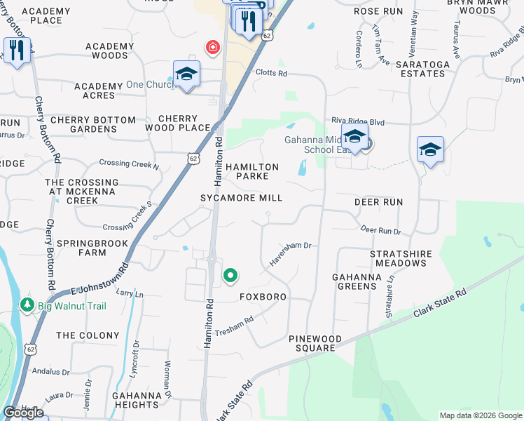 map of restaurants, bars, coffee shops, grocery stores, and more near 623 Sycamore Place in Columbus