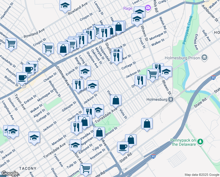 map of restaurants, bars, coffee shops, grocery stores, and more near 4508 Shelmire Avenue in Philadelphia
