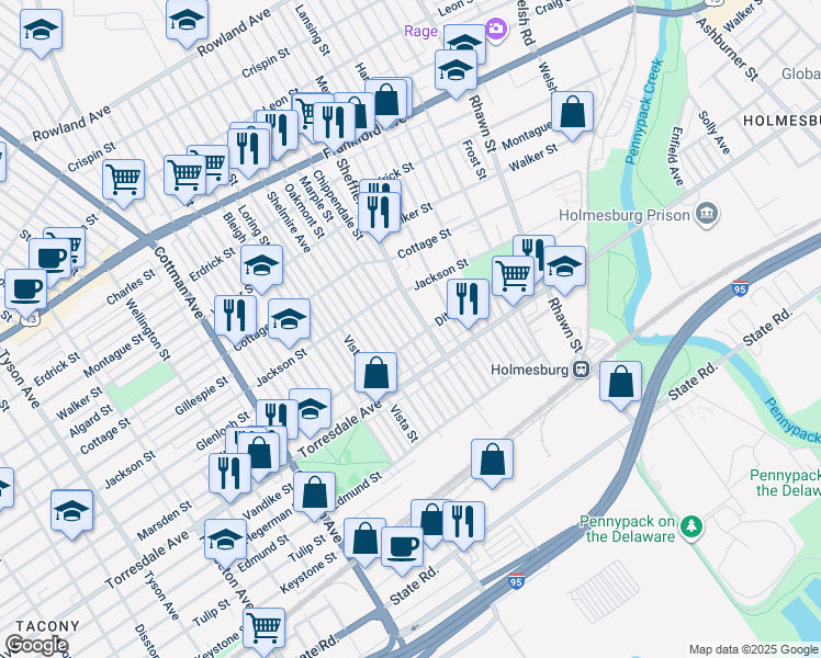 map of restaurants, bars, coffee shops, grocery stores, and more near 4551 Marple Street in Philadelphia