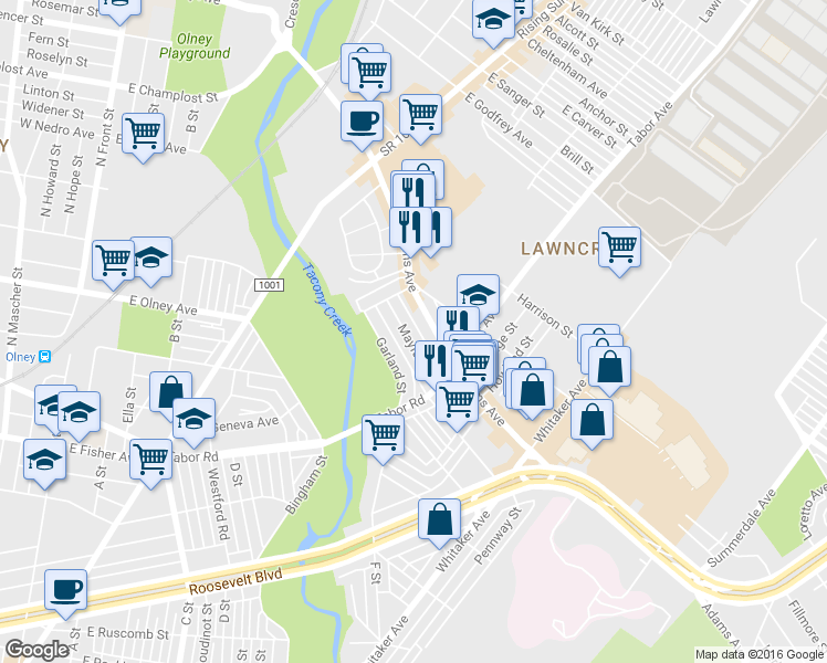 map of restaurants, bars, coffee shops, grocery stores, and more near 635 Mayfair Street in Philadelphia