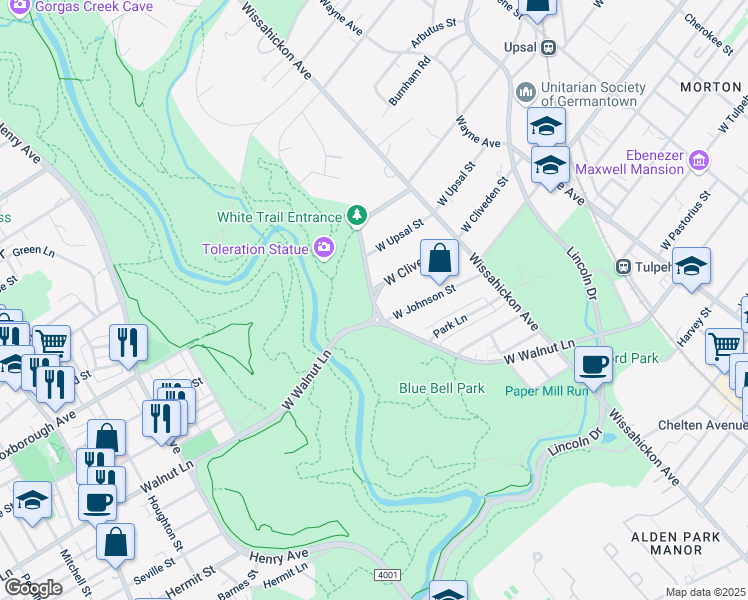 map of restaurants, bars, coffee shops, grocery stores, and more near 3900 Park Line Drive in Philadelphia