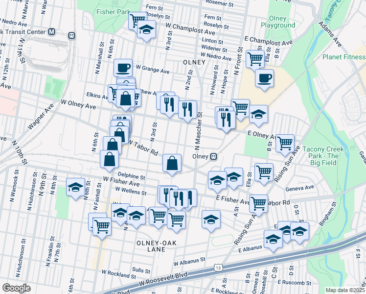 map of restaurants, bars, coffee shops, grocery stores, and more near 180 West Clarkson Avenue in Philadelphia