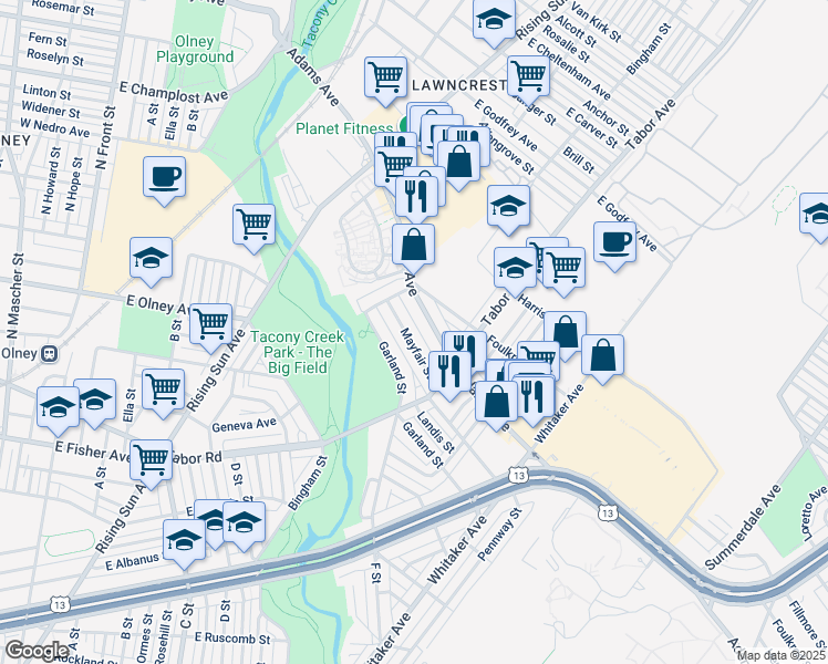 map of restaurants, bars, coffee shops, grocery stores, and more near 635 Mayfair Street in Philadelphia
