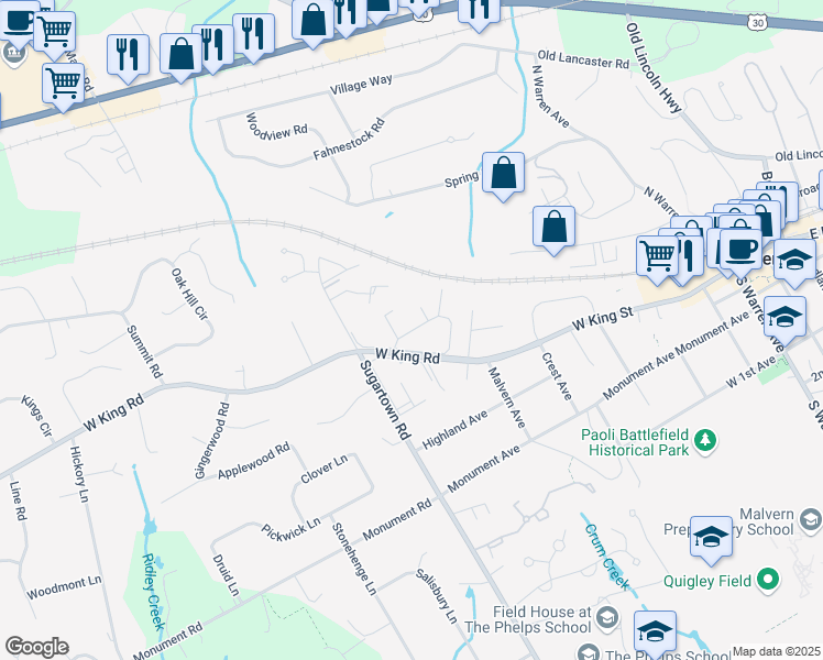 map of restaurants, bars, coffee shops, grocery stores, and more near 416 Charleston Green in Malvern