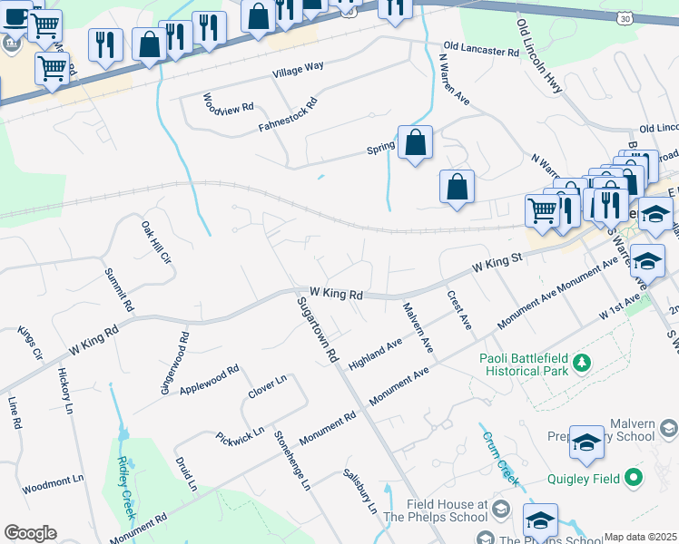 map of restaurants, bars, coffee shops, grocery stores, and more near 418 Charleston Green in Malvern